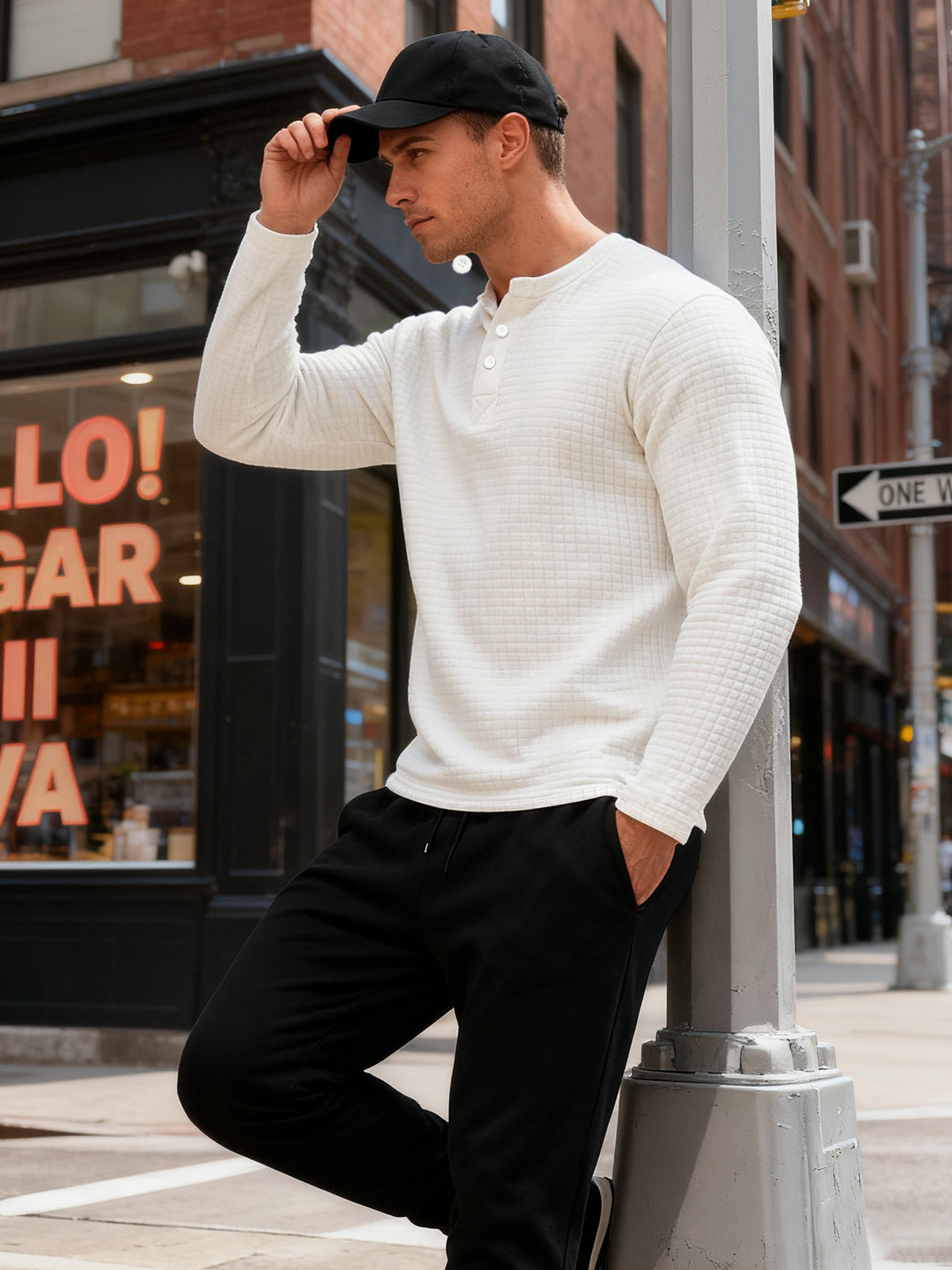 Textured Long Sleeve Henley Sweatshirt
