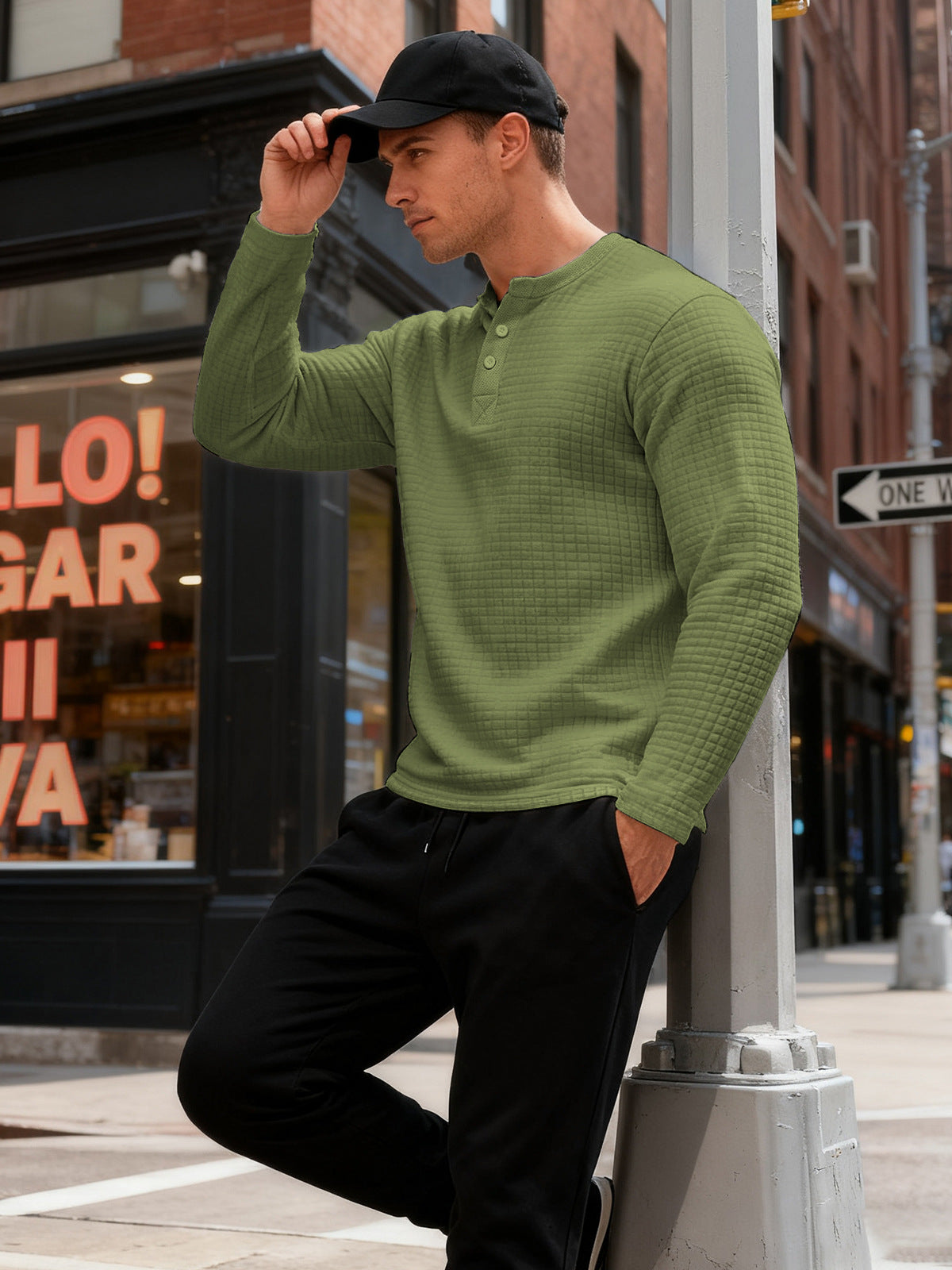 Textured Long Sleeve Henley Sweatshirt