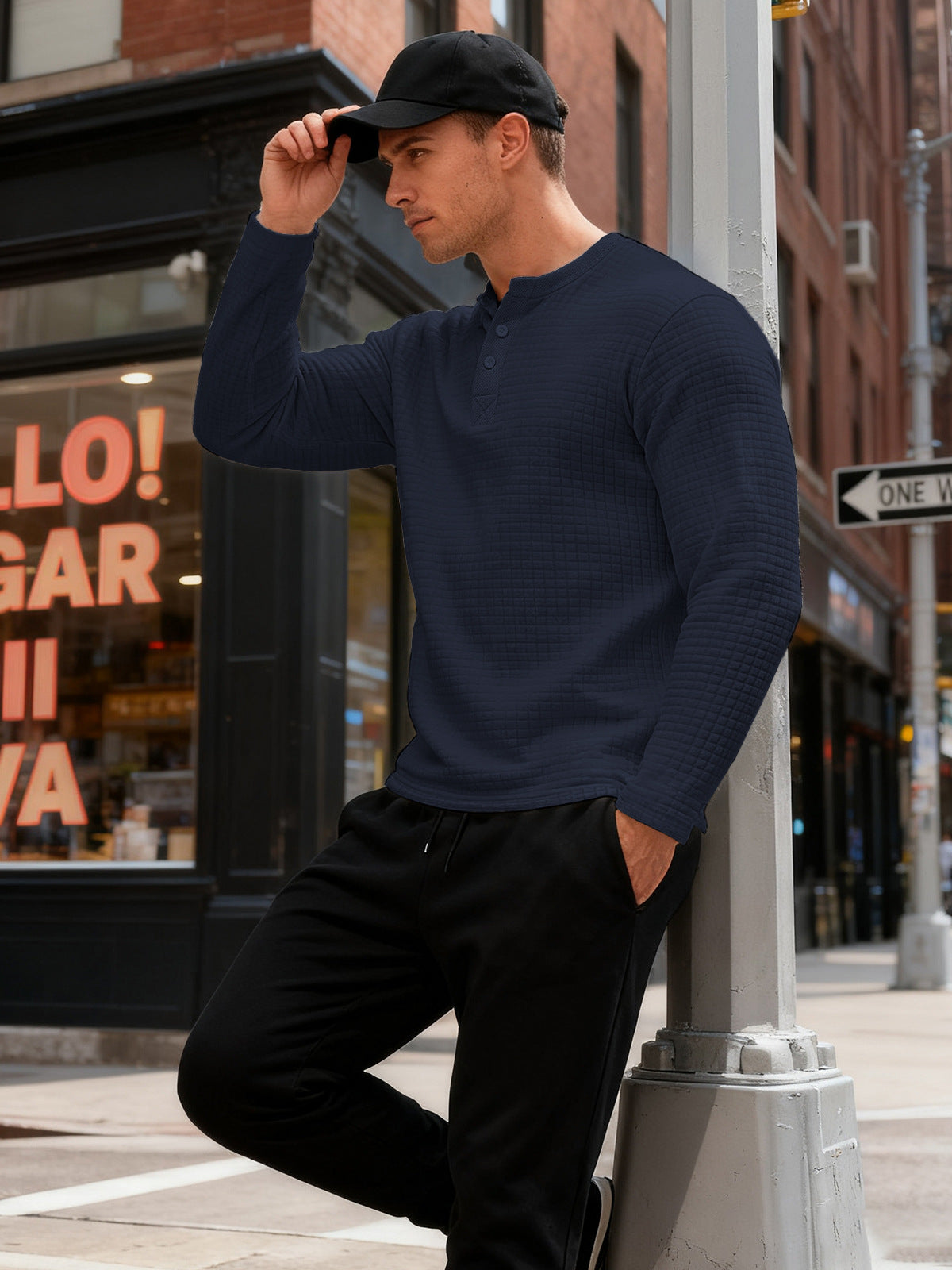 Textured Long Sleeve Henley Sweatshirt