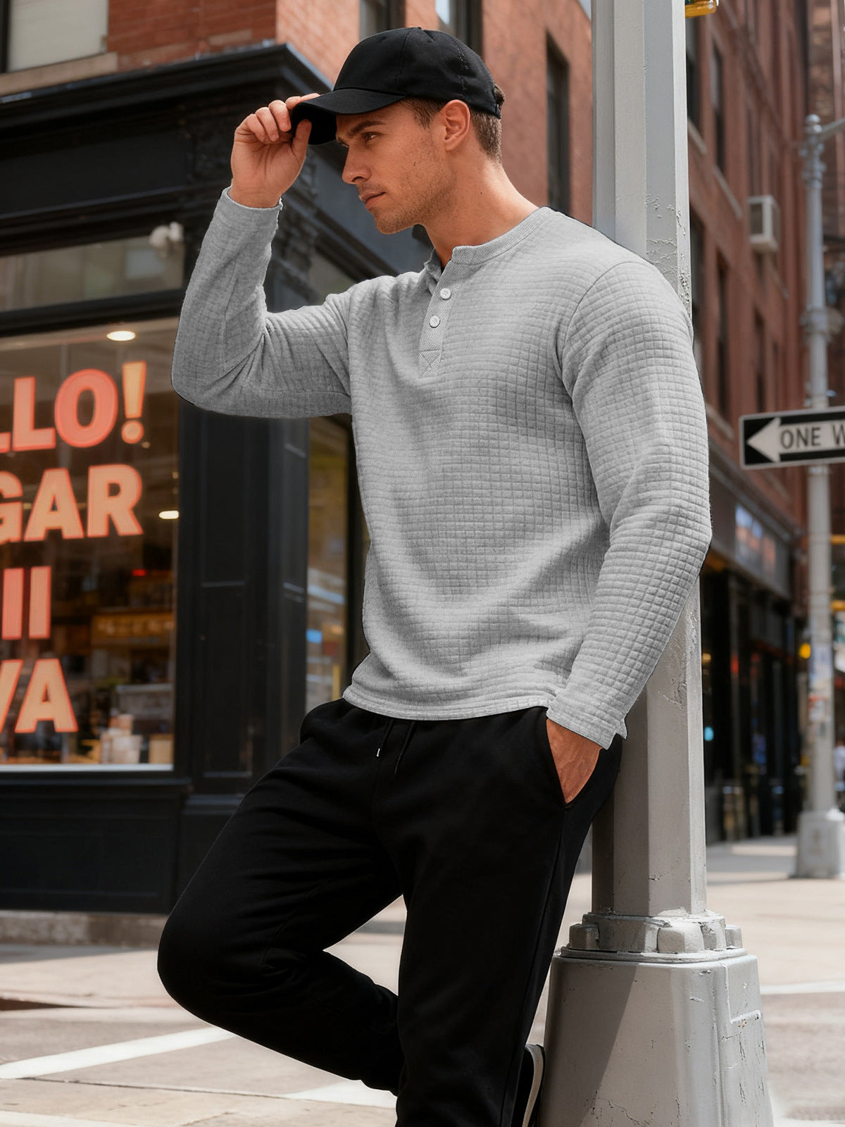 Textured Long Sleeve Henley Sweatshirt