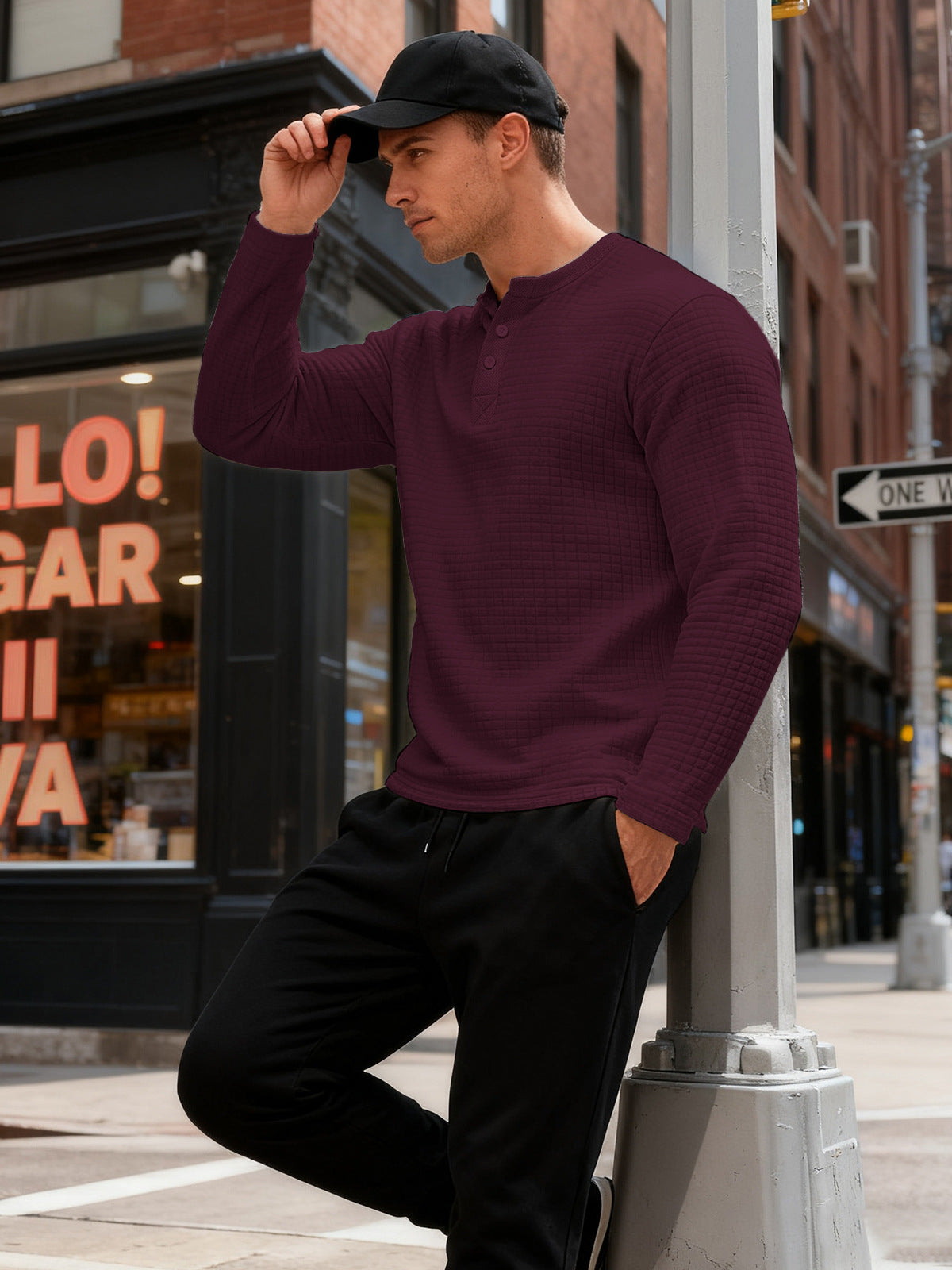 Textured Long Sleeve Henley Sweatshirt