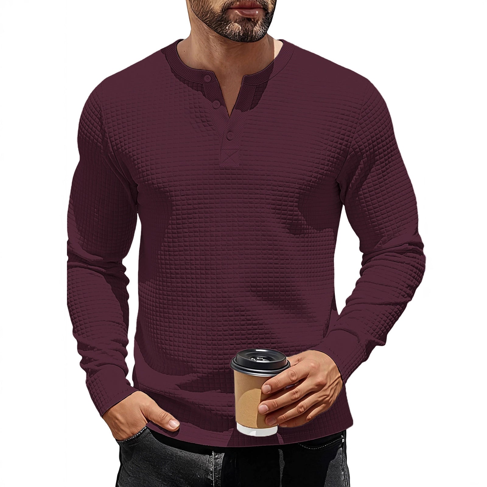Textured Long Sleeve Henley Sweatshirt