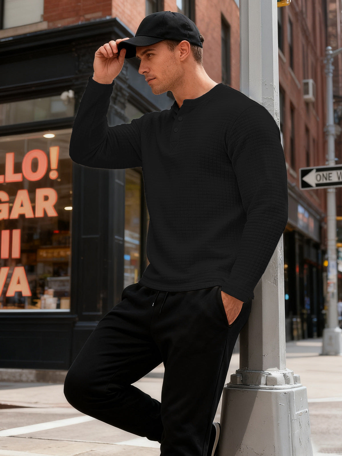 Textured Long Sleeve Henley Sweatshirt