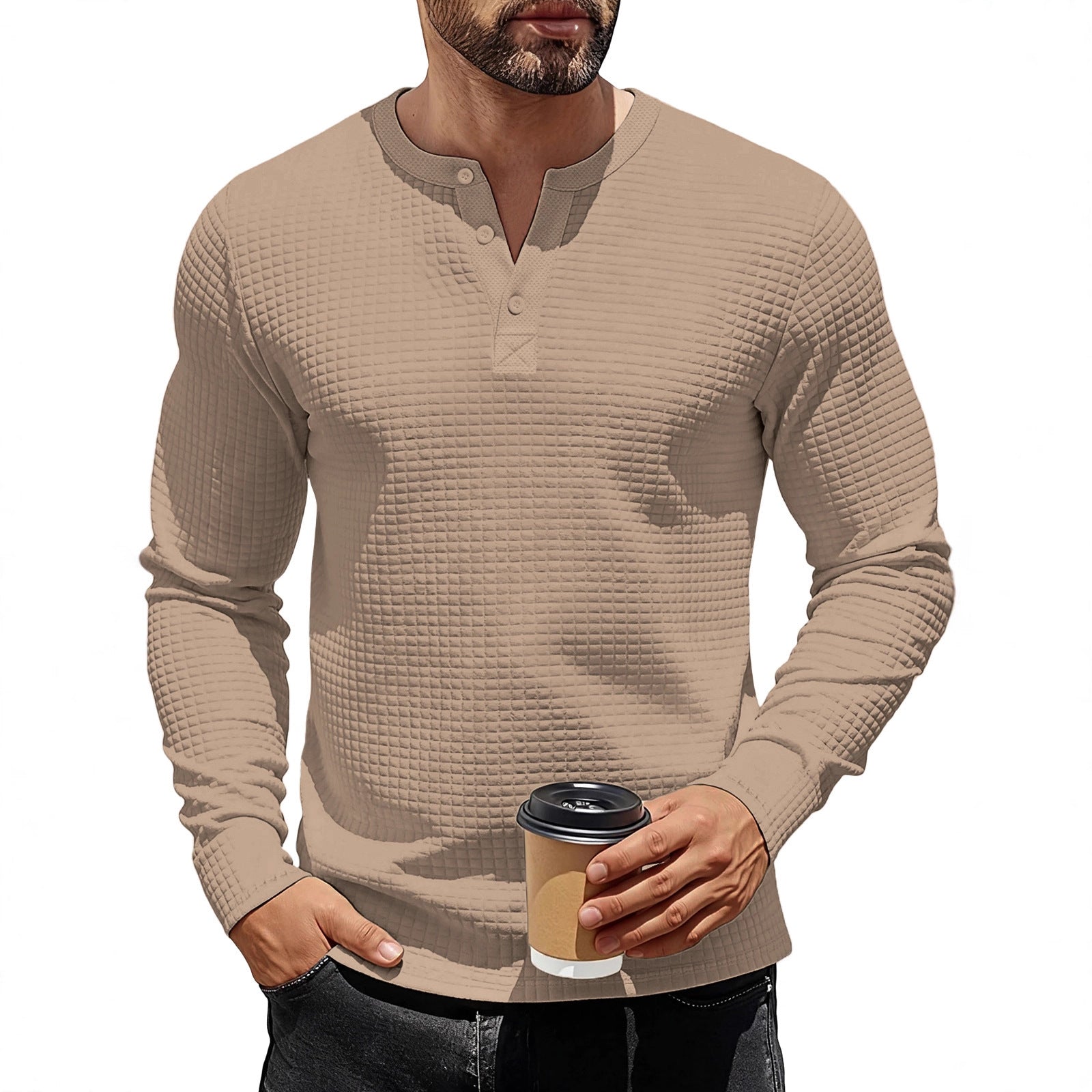Textured Long Sleeve Henley Sweatshirt