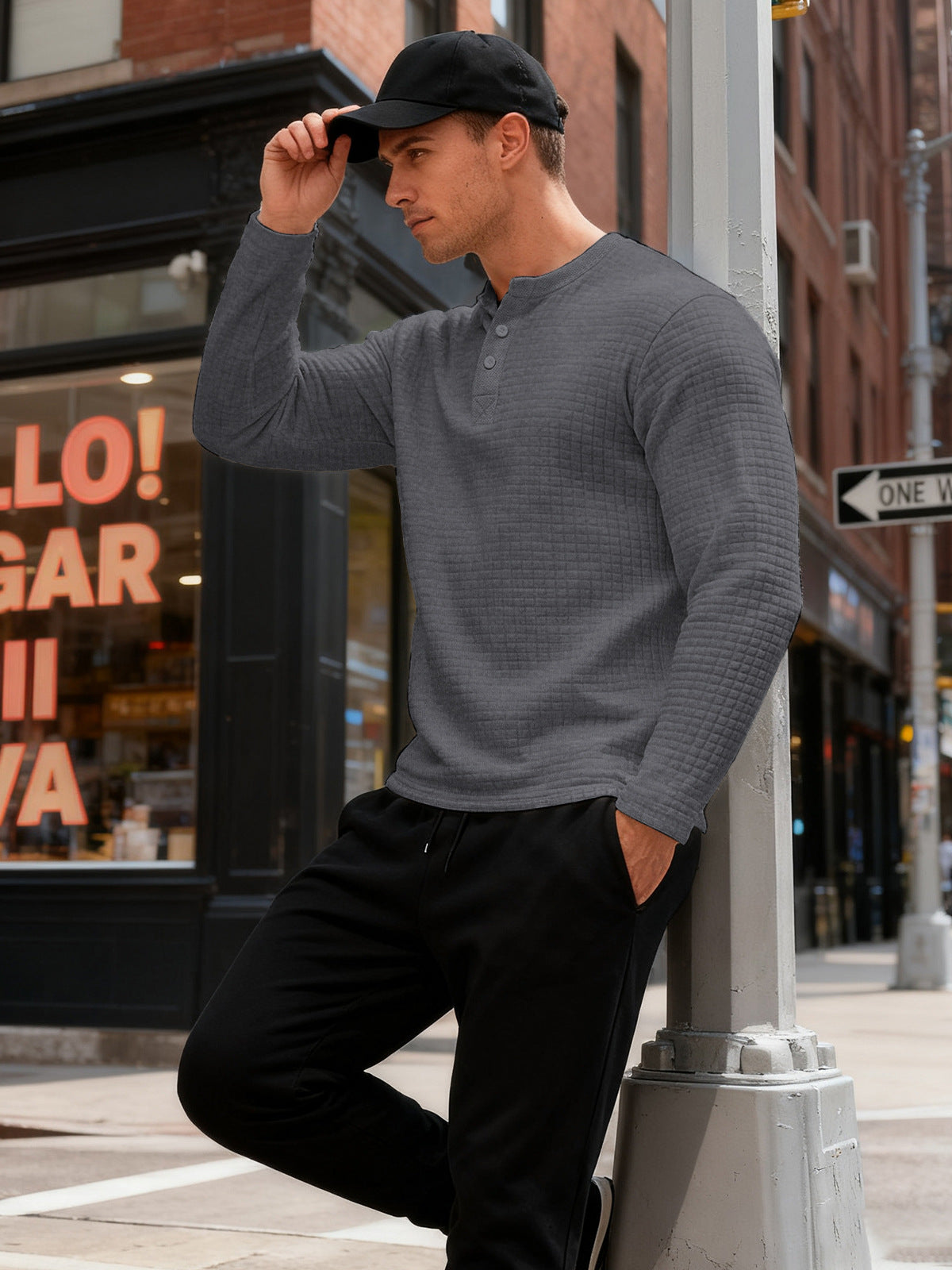 Textured Long Sleeve Henley Sweatshirt