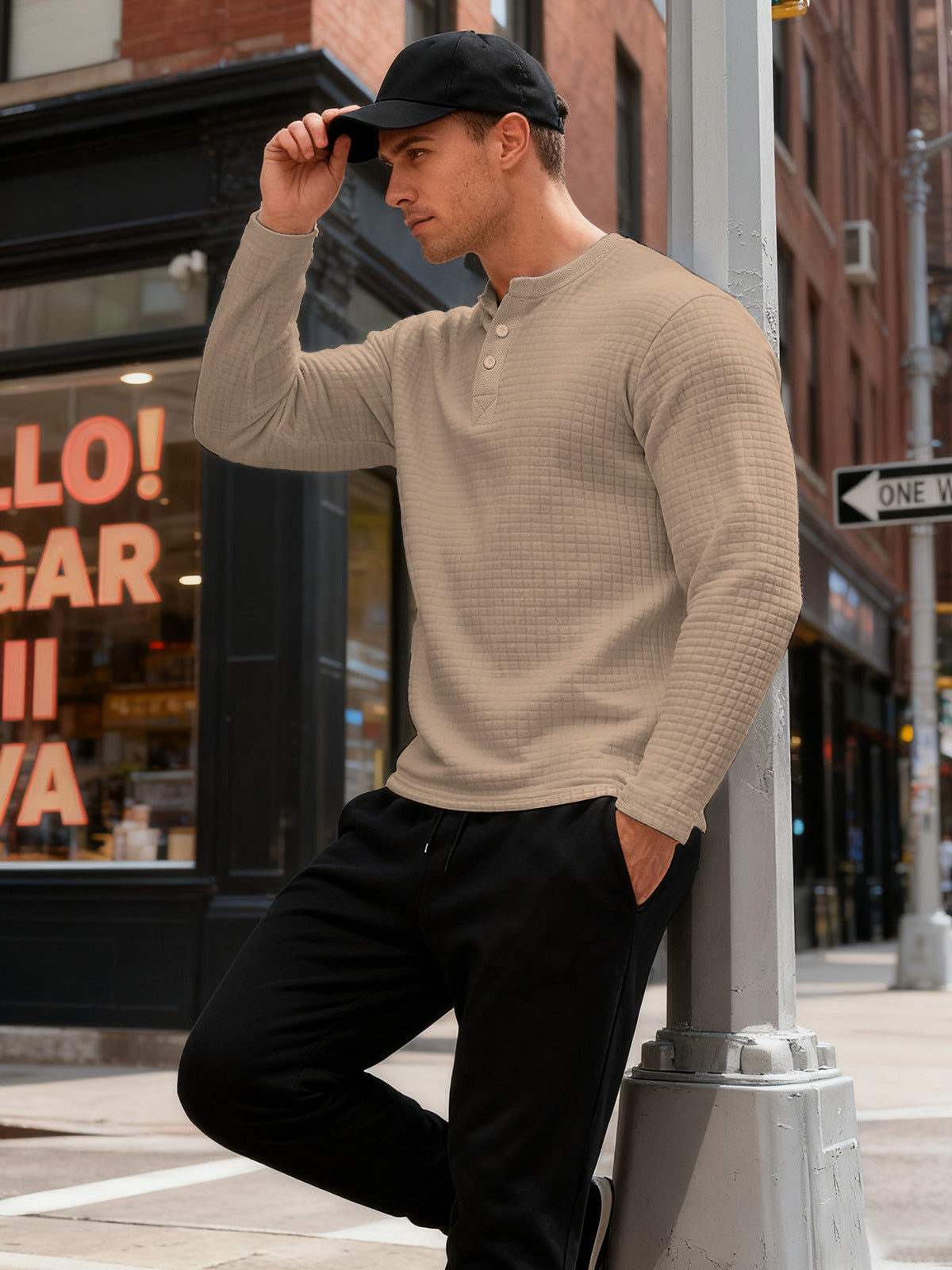 Textured Long Sleeve Henley Sweatshirt